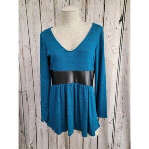 ALK Women's Medium‎ Venus Faux Leather T-Strap V-Neck Sweater Blouse Shirt NWOT